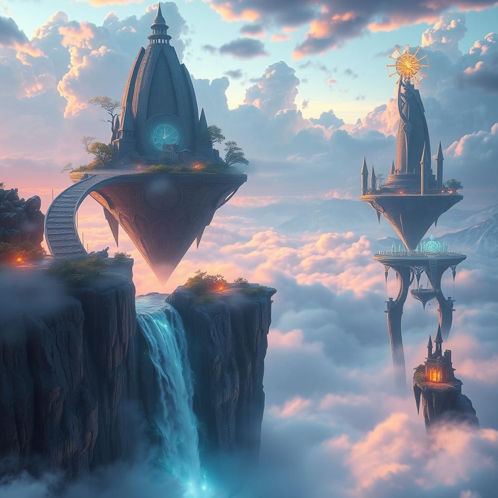 A mystical fantasy landscape with floating islands and waterfalls