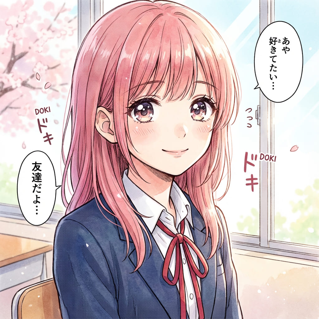 Anime girl with pink hair, cute smile, school uniform, soft lighting, detailed eyes, vibrant colors, manga style, high quality.