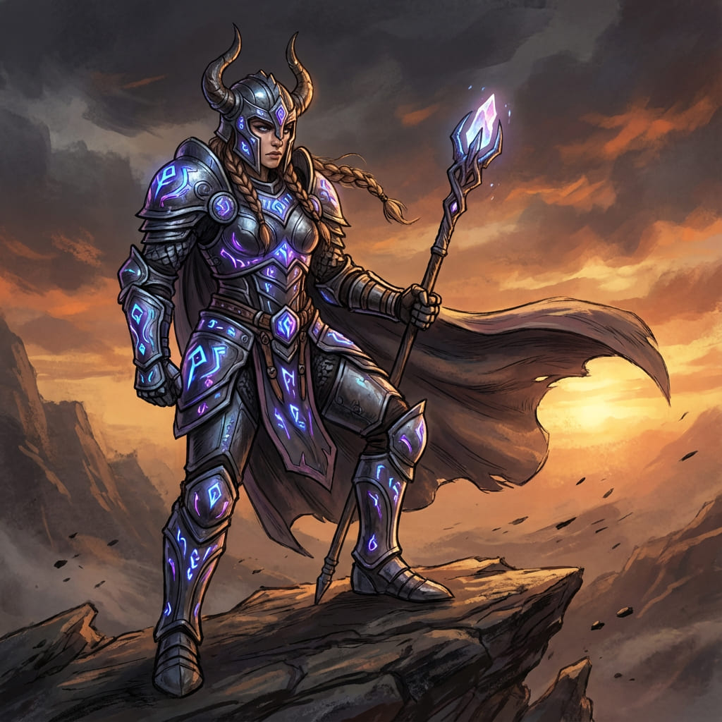 Fantasy character design, magical armor, glowing runes, epic pose, dramatic lighting, concept art, detailed illustration.