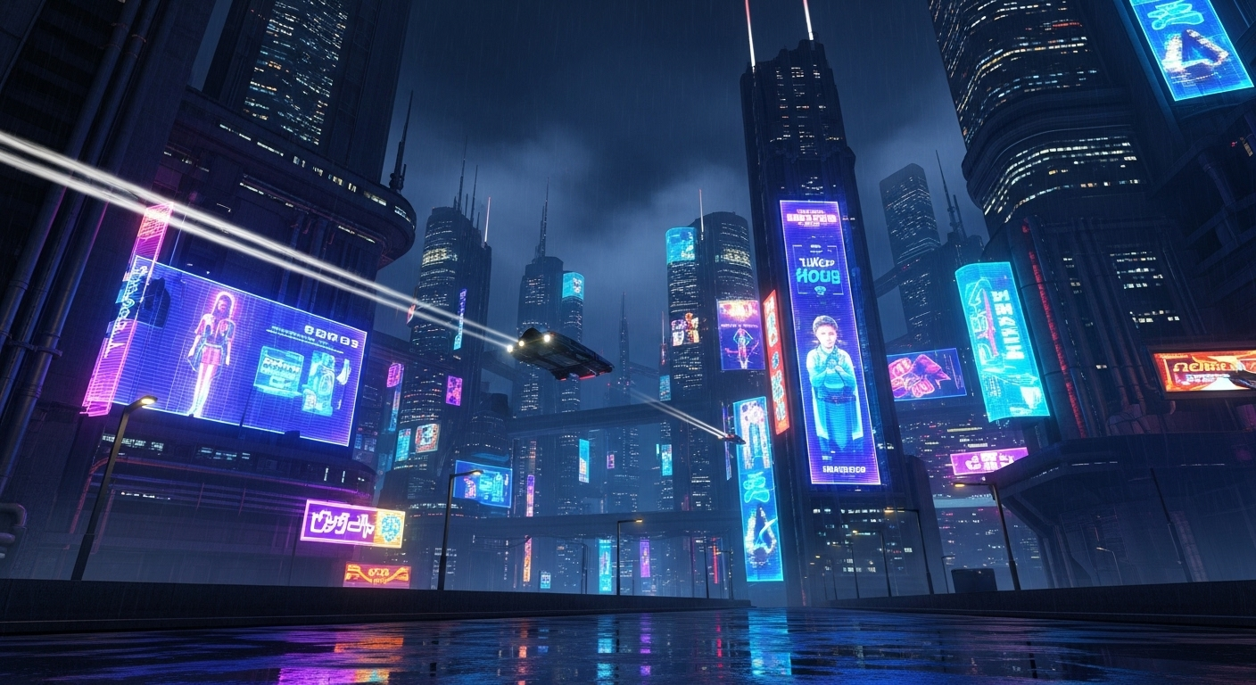 A breathtaking neon-lit cyberpunk city at night, towering skyscrapers with holographic advertisements, rain-soaked streets reflecting colorful lights, flying cars in the sky, futuristic architecture, cinematic lighting, ultra detailed, 8K resolution, photorealistic