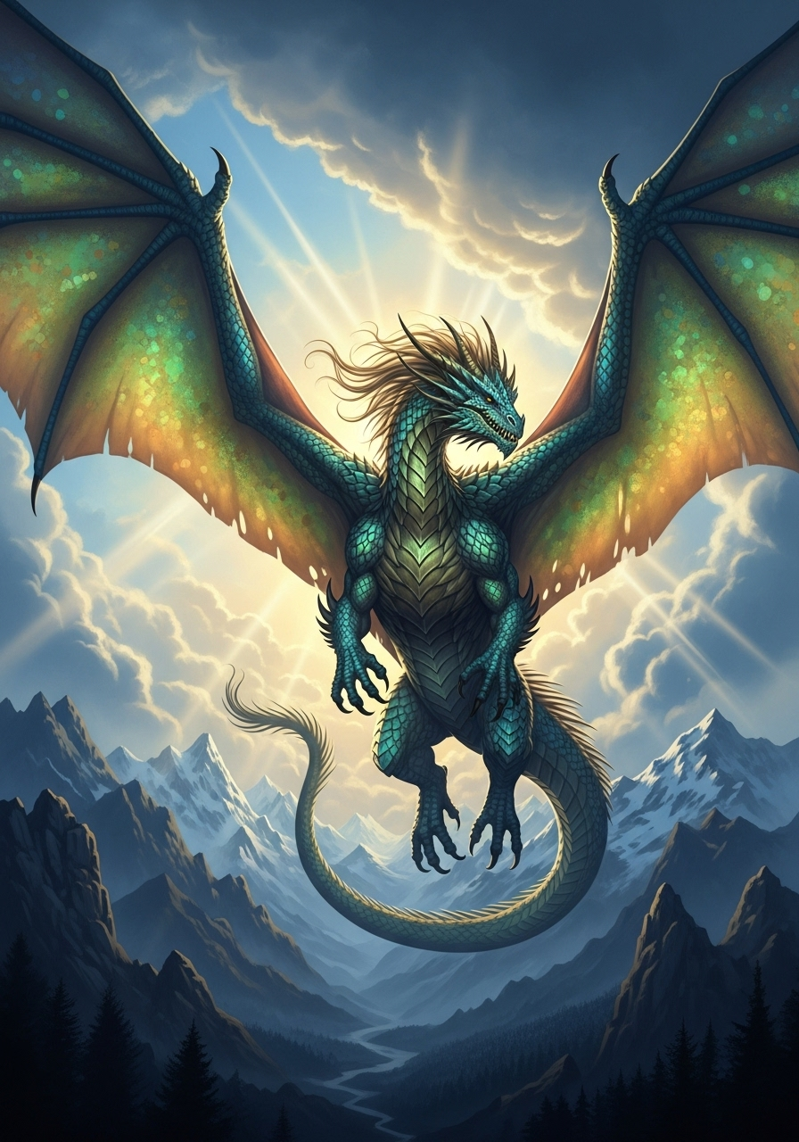 Majestic fantasy dragon with iridescent scales soaring over snow-capped mountain peaks, wings spread wide catching golden sunlight, detailed reptilian features, flowing mane, dramatic clouds, epic fantasy landscape, cinematic lighting, 8K ultra detailed, concept art style