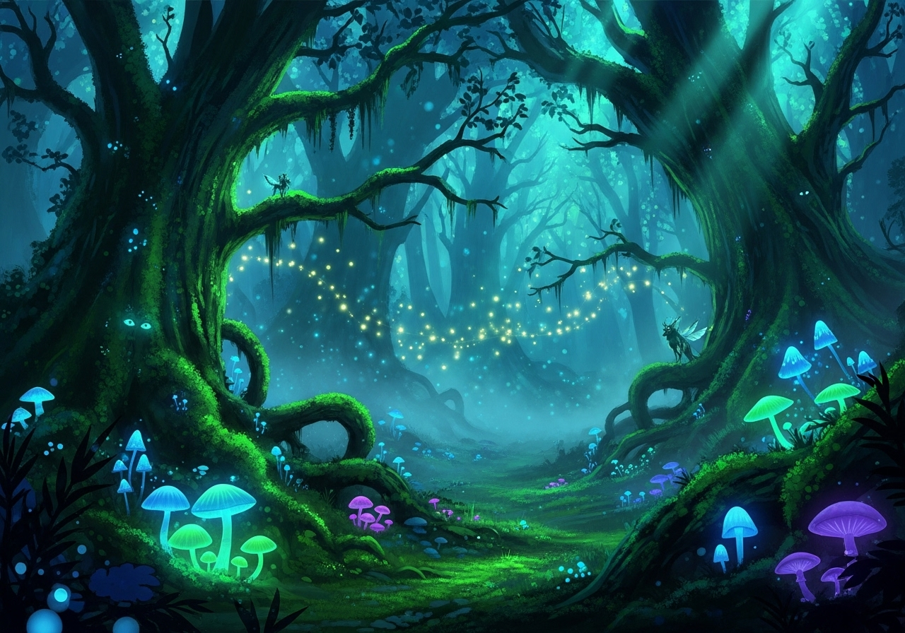 Enchanted mystical forest with glowing bioluminescent mushrooms, twinkling fairy lights floating in the air, magical creatures hiding in shadows, ethereal misty atmosphere, ancient twisted trees, vibrant emerald and purple color palette, cinematic fantasy lighting, 8K ultra detailed