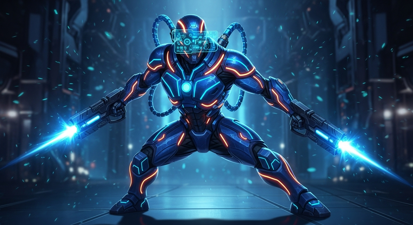 Futuristic cybernetic warrior in glowing neon armor, dynamic action pose, high-tech exoskeleton with LED accents, holographic visor, energy weapons, dramatic lighting from below, sci-fi background with tech panels, particle effects, cinematic quality, ultra detailed character design, 8K resolution