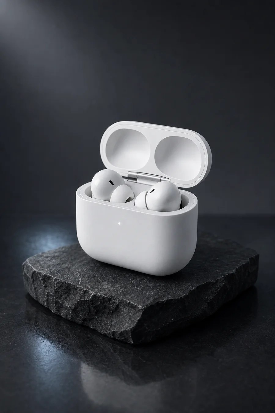 Casing earbud nirkabel putih matte di atas batu gelap