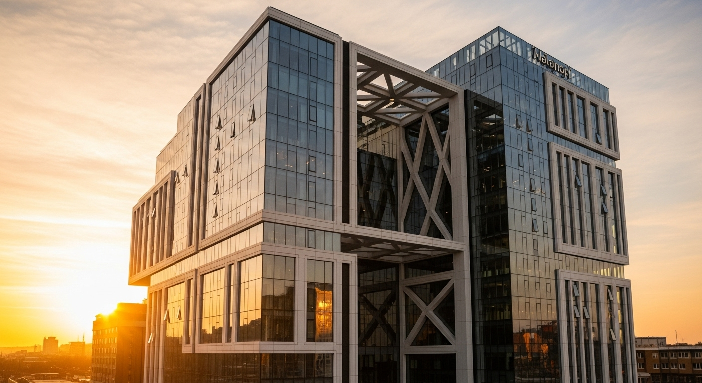 Stunning modern architectural marvel at sunset, sleek glass facade reflecting golden sky, minimalist design with clean lines, contemporary structure with geometric patterns, dramatic upward angle, professional architectural photography, golden hour lighting, 8K ultra HD