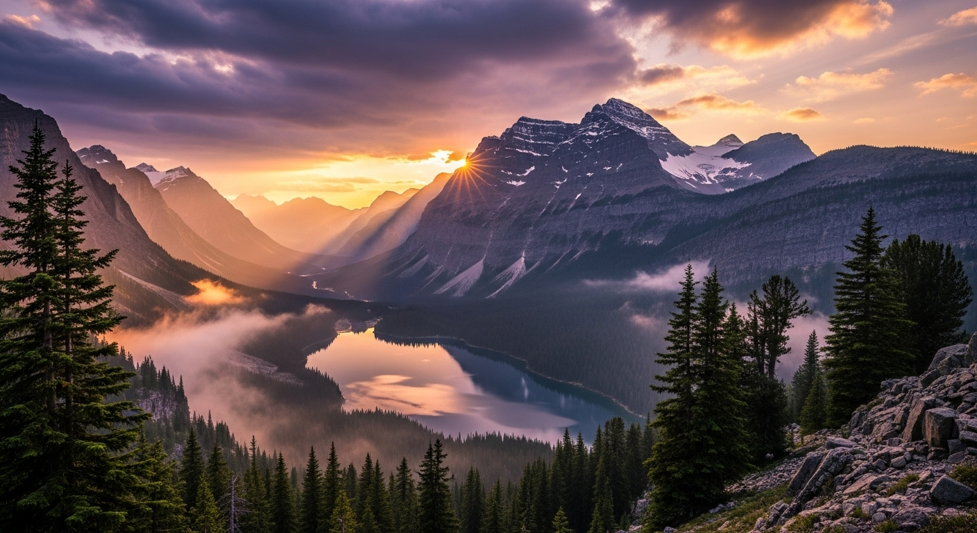 Ethereal mountain landscape at golden hour, majestic snow-capped peaks, misty valleys below, warm golden sunlight breaking through clouds, dramatic sky with purple and orange hues, serene alpine lake in foreground, pine trees silhouettes, cinematic composition, highly detailed, 8K, photorealistic