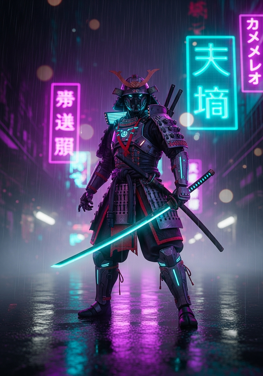 Cyberpunk samurai warrior standing in neon-lit rain, traditional katana with glowing edge, futuristic armor mixed with traditional elements, reflective wet streets, holographic kanji signs, dramatic pose, rain droplets illuminated by neon lights, cinematic composition, 8K ultra detailed