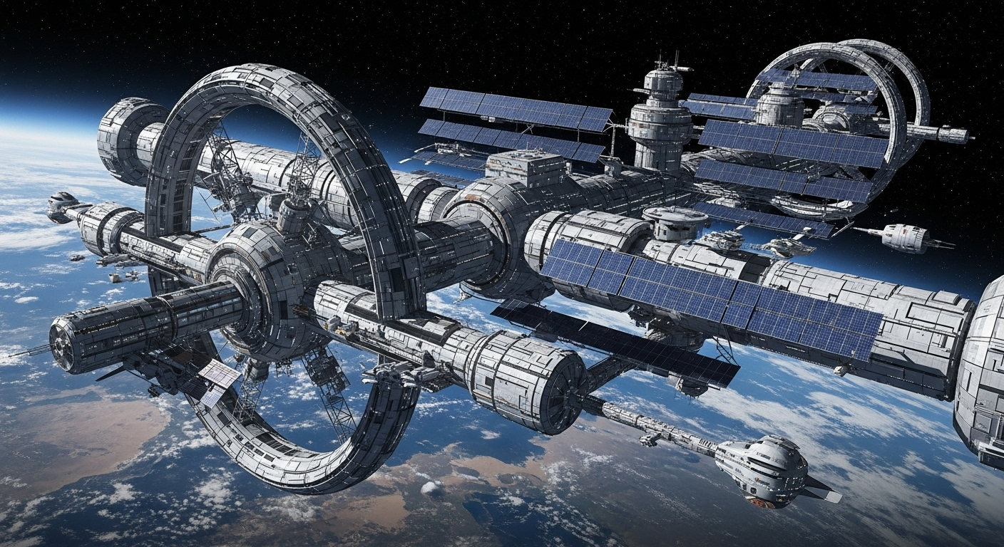 Massive futuristic space station orbiting Earth, intricate modular sci-fi architecture with rotating sections, large solar panel arrays catching sunlight, multiple docking bays with spacecraft, planet Earth with visible continents in background, star field, realistic PBR materials, 8K ultra HD